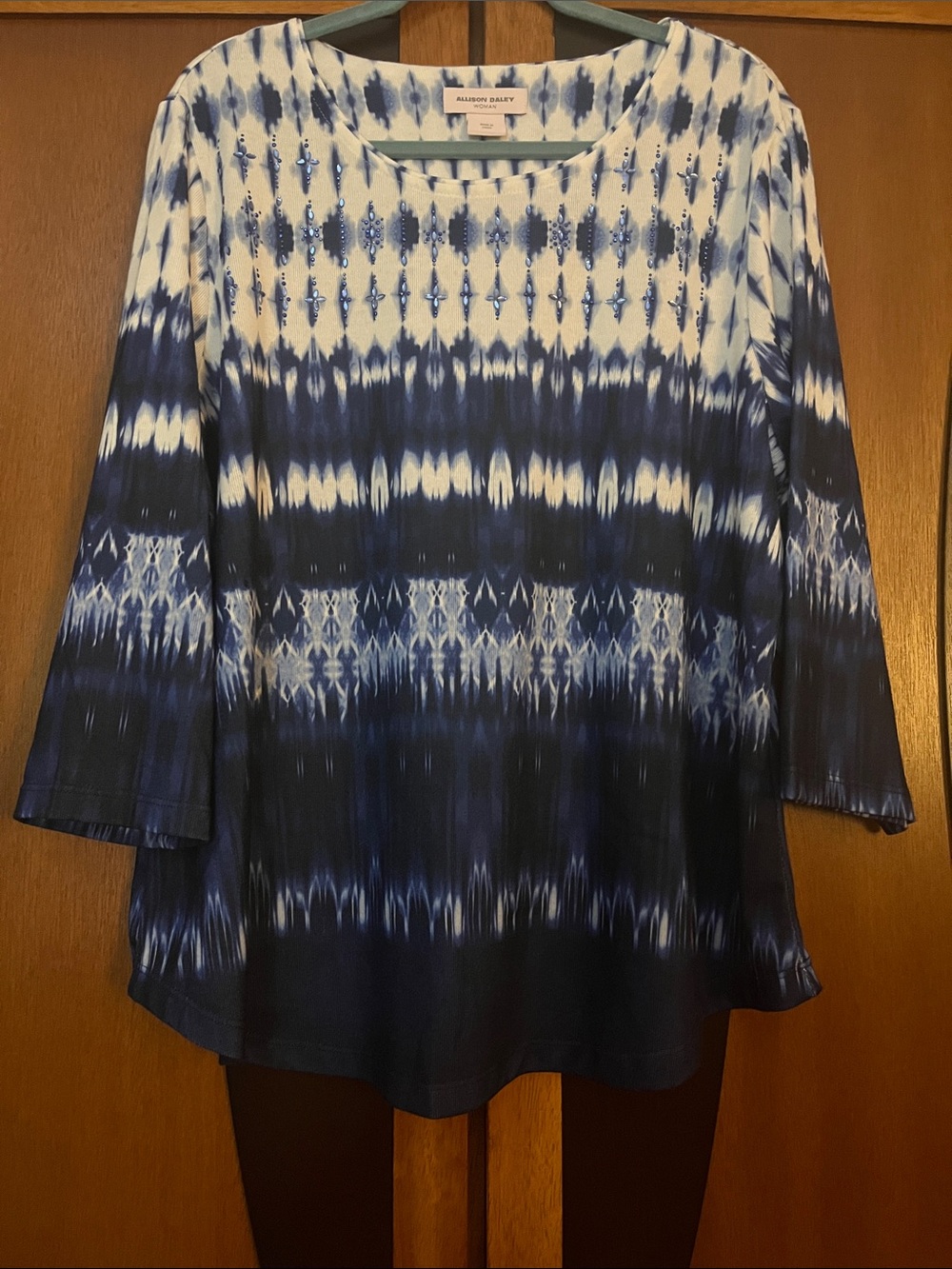 Allison Daley Navy & White Multi-Patterned Sparkle Embellished Scoop Neck Tunic